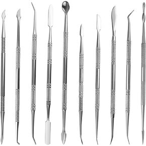 TOVOT 10PCS Stainless Steel Double-Sided Wax Carving Tools with Storage Bag Metal Sculpting Tools Clay Modeling Tools (Silver)