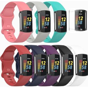 8-Pack Replacement bands for Fitbit Charge 5/Charge 6 with FREE Screen Protector, Soft Silicone Sports Straps/Wristband Compatible with Fitbit Charge 5/Charge 6 bands for Men & Women (Small/Large)