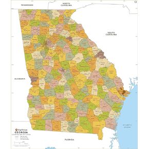 Georgia ZIP Code Map with Counties - Standard - 36" x 42.25" Laminated