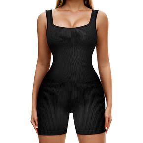 TrainingGirl Women Square Neck Jumpsuits Ribbed Workout Bodysuit Sports Romper Shorts One Piece Outfits Seamless Yoga Bodycon