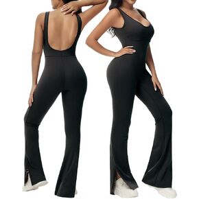 Wenlia One Piece Workout Jumpsuits for Women Slit Flared Athletic Jumpsuits Backless Yoga Running Bodycon Jumpsuit in Kuwait