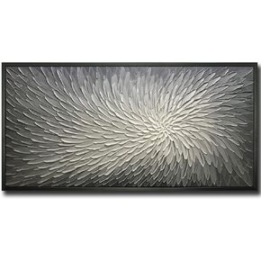 AMEI Art,24x48inch Textured Hand-Painted Dark Grey White Floral Wall Art on Canvas Modern Art Abstract Blooming Flower Oil Painting with Black Frame Home Decor