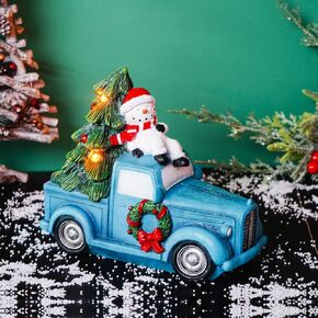 TZSSP Lighted Decorations Tree and Vintage Truck - Tabletop Decor and Christmas Tree Lights Blue Red Pick Up Truck Snowman in Car Figurine