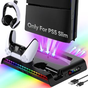 KOVA Charger Stand for PS5 Slim Only, Cooling Station for Console with 9 Fenced Lighting Modes, Headset Hook, 3 USB Hubs, Space Saver and Acessories kit for Playstation 5 Slim (Not for Regular PS5)