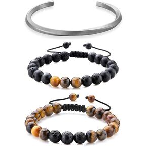 Bracelets for Mens,Natural Tiger Eye Lava Rock Beaded,Silver Stainless Steel Twisted Cuff Bangle,Black Leather Men Bracelet Gifts