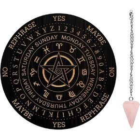 AHANDMAKER 7.8" Witch Pendulum Board, Wooden Dowsing Planchette with Rose Quartz Crystal Dowsing Pendulums Witchcraft Divination Tools for Spirit Altar Decoration - 5-Pointed Star Constellation