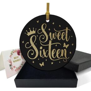 REWIDPARTY Sweet 16 Ornament for Girls 16th Birthday Gift Idea Christmas Decoration Keepsake Sign Round Plaque Gifts for Daughter Niece Sister 3" Circle Ceramic Ornament with Gold Ribbon & Gift Box