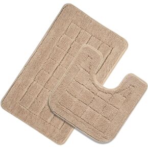HEBE Bath Rug Set 3 Piece Beige Non Slip Bathroom Contour Rug Combo Microfiber Bath Shower Mat and U-Shaped Toilet Rug Machine Washable(18"x26"+18"x48"+U Shape 20"x20")