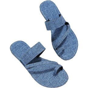 GORGLITTER Women's Demin Strappy Flat Sandals Cute Dressy Toe Ring Slip on Slide Band Sandals