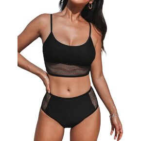 CUPSHE Women's Bikini Sets Two Piece Bathing Suit High Waisted Scoop Neck Mesh Cutout Full Coverage Spaghetti Straps