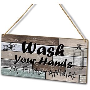 ديكور الحمام لوحة خشبية لافتة معلقة على الحائط، اغسل يديك حيوانًا قذرًا، ديكور الحمام للمنزل أو المكتب، لافتة معلقة خشبية (قطعة واحدة)، هدية فنية لمزرعة المعيشة وغرفة النوم والحمام -20 in Kuwait