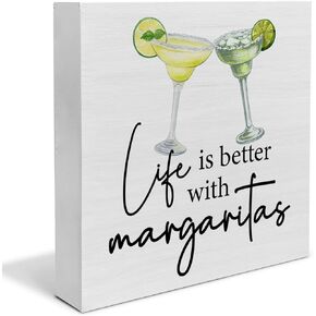 Kitchen Bar Wooden Box Sign Life is Better with Margaritas Wood Box Sign Art Blocks Desk Decor Rustic Signs for Shelf Tabletop Wall Home Kitchen Bar Decoration 5 X 5 Inch