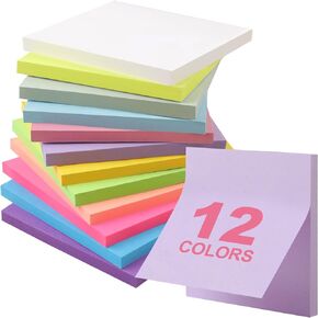 12 Pack Sticky Notes, 3x3 Inch Colorful Sticky Note, 50 Sheets/Book Bright Colors Self-Stick Notes Pads, Sticky Note Pads for Home, Office, School. Teacher Wish List(12 Color)