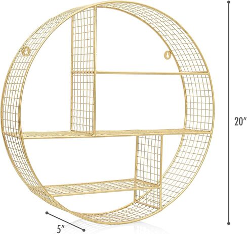 رف حائط مستدير ذهبي كبير جدًا مقاس 20 بوصة من Kimisty: فن هندسي بوهو دائري مع رف كريستال - مثالي للحمام وغرفة النوم والتخزين العائم المزخرف in Kuwait