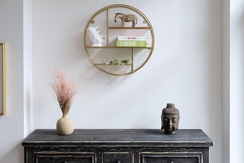 رف حائط مستدير ذهبي كبير جدًا مقاس 20 بوصة من Kimisty: فن هندسي بوهو دائري مع رف كريستال - مثالي للحمام وغرفة النوم والتخزين العائم المزخرف in Kuwait