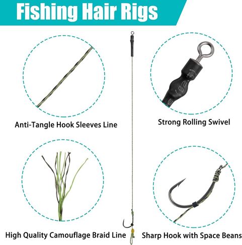 Carp Fishing Hair Rig Kits,26pcs Sets Curved Barbed Carp Hook Swivel Boilies Bait Stops and Stringers Needle Fishing Bait Rigs Braided Thread Line Carp Fishing Accessories in Saudi Arabia