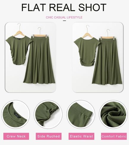 Dokotoo المرأة قطعتين ملابس الصيف عادية Crewneck كم قصير Ruched متماسكة القمم مرونة الخصر ألف خط ميدي تنورة مجموعة in Saudi Arabia