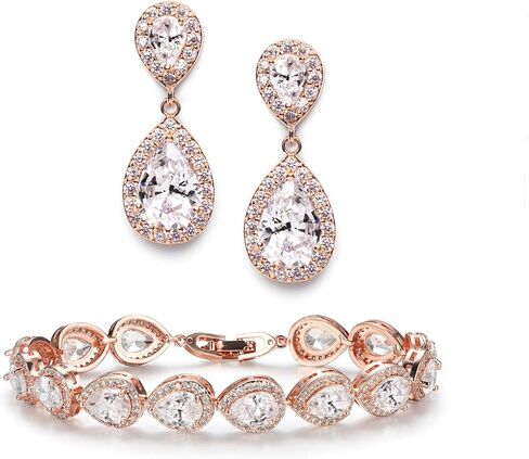 SWEETV Rose Gold Teardrop Wedding Earrings and Bracelets for Brides, Bridal Wedding Jewelry Set for Women in Kuwait