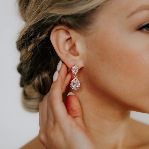 SWEETV Rose Gold Teardrop Wedding Earrings and Bracelets for Brides, Bridal Wedding Jewelry Set for Women in Kuwait