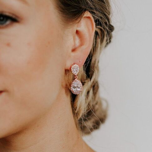 SWEETV Rose Gold Teardrop Wedding Earrings and Bracelets for Brides, Bridal Wedding Jewelry Set for Women in Kuwait