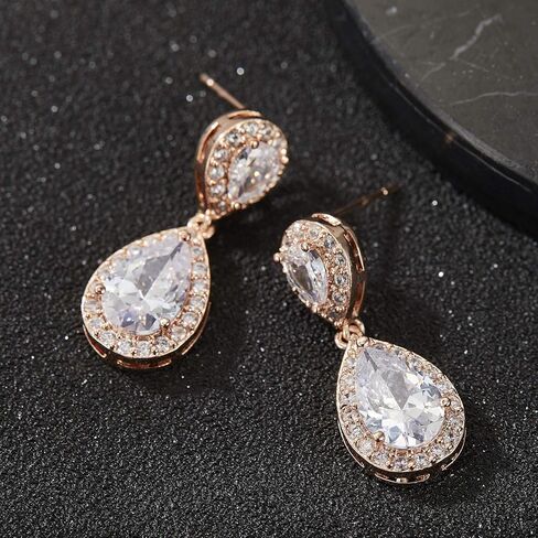SWEETV Rose Gold Teardrop Wedding Earrings and Bracelets for Brides, Bridal Wedding Jewelry Set for Women in Kuwait