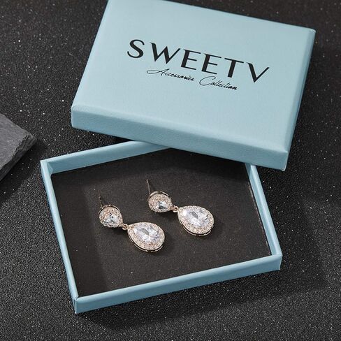 SWEETV Rose Gold Teardrop Wedding Earrings and Bracelets for Brides, Bridal Wedding Jewelry Set for Women in Kuwait