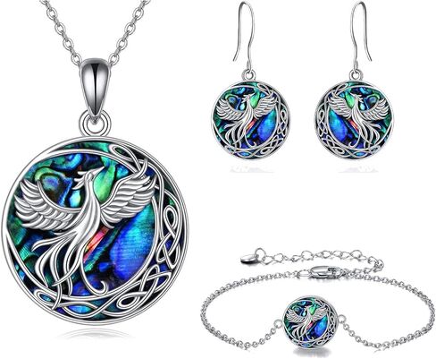 ONEFINITY Celtic Phoenix Jewelry Set Gifts Sterling Silver Moon Phoenix Necklace Bracelet and Earrings Abalone Shell Nirvana of Phoenix Pendant for Women Girls in Saudi Arabia
