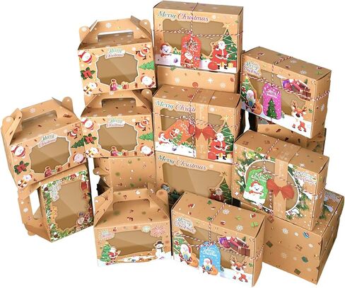 صناديق بسكويت عيد الميلاد لتقديم الهدايا، 24 عبوة من صناديق حلوى مخبوزات طعام عيد الميلاد مع نافذة حاوية مثالية للحلوى/الكب كيك/الجبن/الحلوى/البسكويت/البراونيز، صندوق هدايا للحفلات in Kuwait