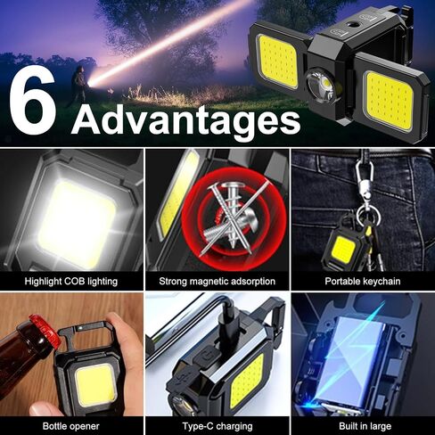 SEFONE 7 Modes COB Keychain Work Light 2 Pack, 1200 Lumens Bright Rechargeable LED Flashlight, Portable Pocket Light with Folding Bracket Whistle Lighter Magnet for Outdoor in Saudi Arabia