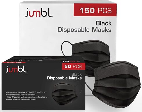 قناع الوجه جامبل [150 عبوة] قناع وجه أسود للاستعمال مرة واحدة، أقنعة ثلاثية الطبقات مع حلقات أذن مرنة in Kuwait