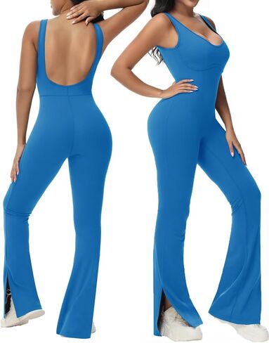 Wenlia One Piece Workout Jumpsuits for Women Slit Flared Athletic Jumpsuits Backless Yoga Running Bodycon Jumpsuit in Saudi Arabia