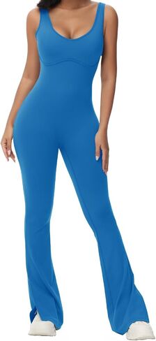Wenlia One Piece Workout Jumpsuits for Women Slit Flared Athletic Jumpsuits Backless Yoga Running Bodycon Jumpsuit in Saudi Arabia