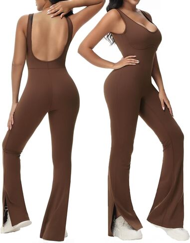 Wenlia One Piece Workout Jumpsuits for Women Slit Flared Athletic Jumpsuits Backless Yoga Running Bodycon Jumpsuit in Saudi Arabia