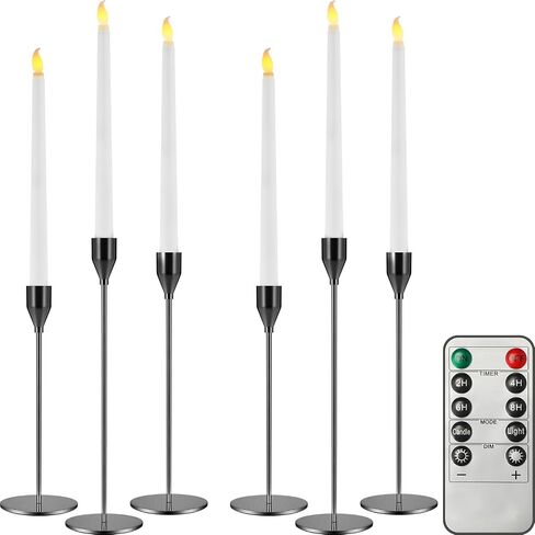 Set of 6 Flameless Taper Candles and Candlestick Holder with Remote and Timer Flickering LED Candlesticks Battery Operated Candles Gold Candle Holder for Home Wedding Party Decor(Black) in Saudi Arabia
