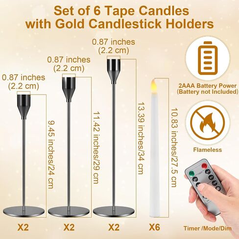Set of 6 Flameless Taper Candles and Candlestick Holder with Remote and Timer Flickering LED Candlesticks Battery Operated Candles Gold Candle Holder for Home Wedding Party Decor(Black) in Saudi Arabia
