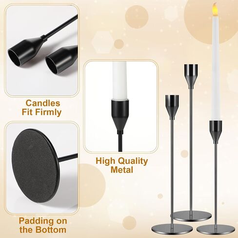 Set of 6 Flameless Taper Candles and Candlestick Holder with Remote and Timer Flickering LED Candlesticks Battery Operated Candles Gold Candle Holder for Home Wedding Party Decor(Black) in Saudi Arabia