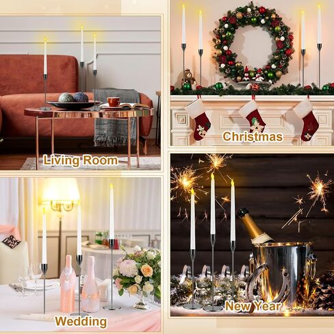 Set of 6 Flameless Taper Candles and Candlestick Holder with Remote and Timer Flickering LED Candlesticks Battery Operated Candles Gold Candle Holder for Home Wedding Party Decor(Black) in Saudi Arabia