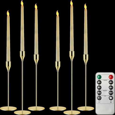 Set of 6 Flameless Taper Candles and Candlestick Holder with Remote and Timer Flickering LED Candlesticks Battery Operated Candles Gold Candle Holder for Home Wedding Party Decor(Black) in Saudi Arabia