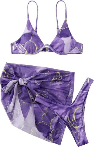 SHENHE Women's 3 Piece Swimsuits Underwire Knot Ribbed Knit Bikini Set with Beach Sarongs in Saudi Arabia