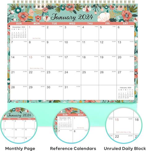 Desk Calendar 2024 - Jan. 2024 - Dec. 2024, 2024 Desk Calendar Standing Flip, 9.8" x 8.3", 2024 Desktop Calendar with Thick Paper, Memo Pages + Twin-Wire Binding + Unruled Blocks - Floral in Kuwait