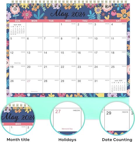 Desk Calendar 2024 - Jan. 2024 - Dec. 2024, 2024 Desk Calendar Standing Flip, 9.8" x 8.3", 2024 Desktop Calendar with Thick Paper, Memo Pages + Twin-Wire Binding + Unruled Blocks - Floral in Kuwait