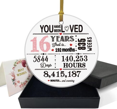 REWIDPARTY Sweet 16 Ornament for Girls 16th Birthday Gift Idea Christmas Decoration Keepsake Sign Round Plaque Gifts for Daughter Niece Sister 3" Circle Ceramic Ornament with Gold Ribbon & Gift Box in Kuwait