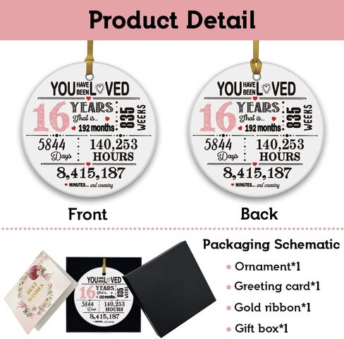 REWIDPARTY Sweet 16 Ornament for Girls 16th Birthday Gift Idea Christmas Decoration Keepsake Sign Round Plaque Gifts for Daughter Niece Sister 3" Circle Ceramic Ornament with Gold Ribbon & Gift Box in Kuwait