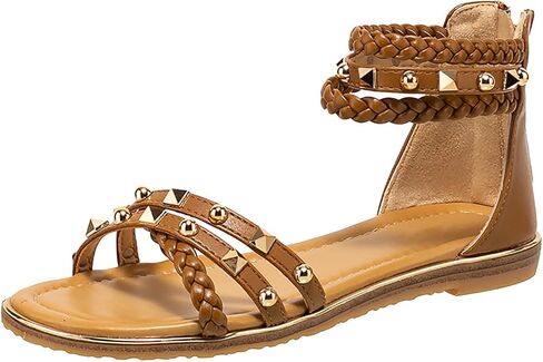Women's Rivet Strappy Open Toe Flat Sandals,Summer Braid Ankle Strap Beach Flat Gladiator Sandals Fashion Back Zipper Casual Roman Shoes in Saudi Arabia