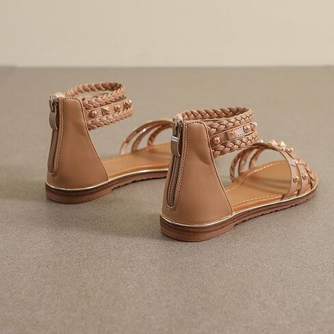 Women's Rivet Strappy Open Toe Flat Sandals,Summer Braid Ankle Strap Beach Flat Gladiator Sandals Fashion Back Zipper Casual Roman Shoes in Saudi Arabia
