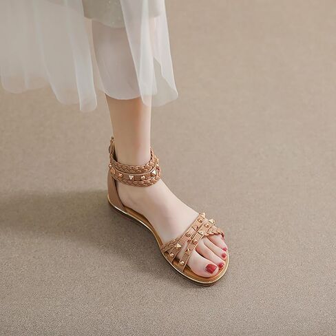 Women's Rivet Strappy Open Toe Flat Sandals,Summer Braid Ankle Strap Beach Flat Gladiator Sandals Fashion Back Zipper Casual Roman Shoes in Saudi Arabia