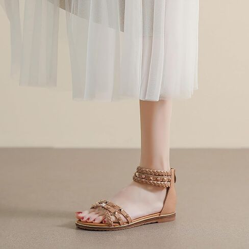 Women's Rivet Strappy Open Toe Flat Sandals,Summer Braid Ankle Strap Beach Flat Gladiator Sandals Fashion Back Zipper Casual Roman Shoes in Saudi Arabia