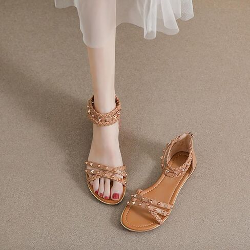 Women's Rivet Strappy Open Toe Flat Sandals,Summer Braid Ankle Strap Beach Flat Gladiator Sandals Fashion Back Zipper Casual Roman Shoes in Saudi Arabia