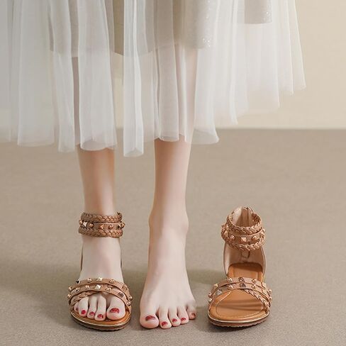 Women's Rivet Strappy Open Toe Flat Sandals,Summer Braid Ankle Strap Beach Flat Gladiator Sandals Fashion Back Zipper Casual Roman Shoes in Saudi Arabia