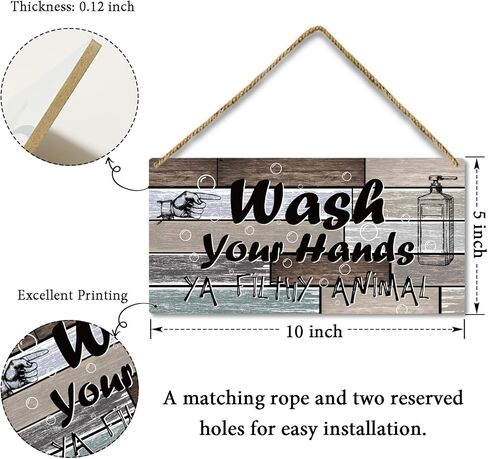 ديكور الحمام لوحة خشبية لافتة معلقة على الحائط، اغسل يديك حيوانًا قذرًا، ديكور الحمام للمنزل أو المكتب، لافتة معلقة خشبية (قطعة واحدة)، هدية فنية لمزرعة المعيشة وغرفة النوم والحمام -20 in Kuwait